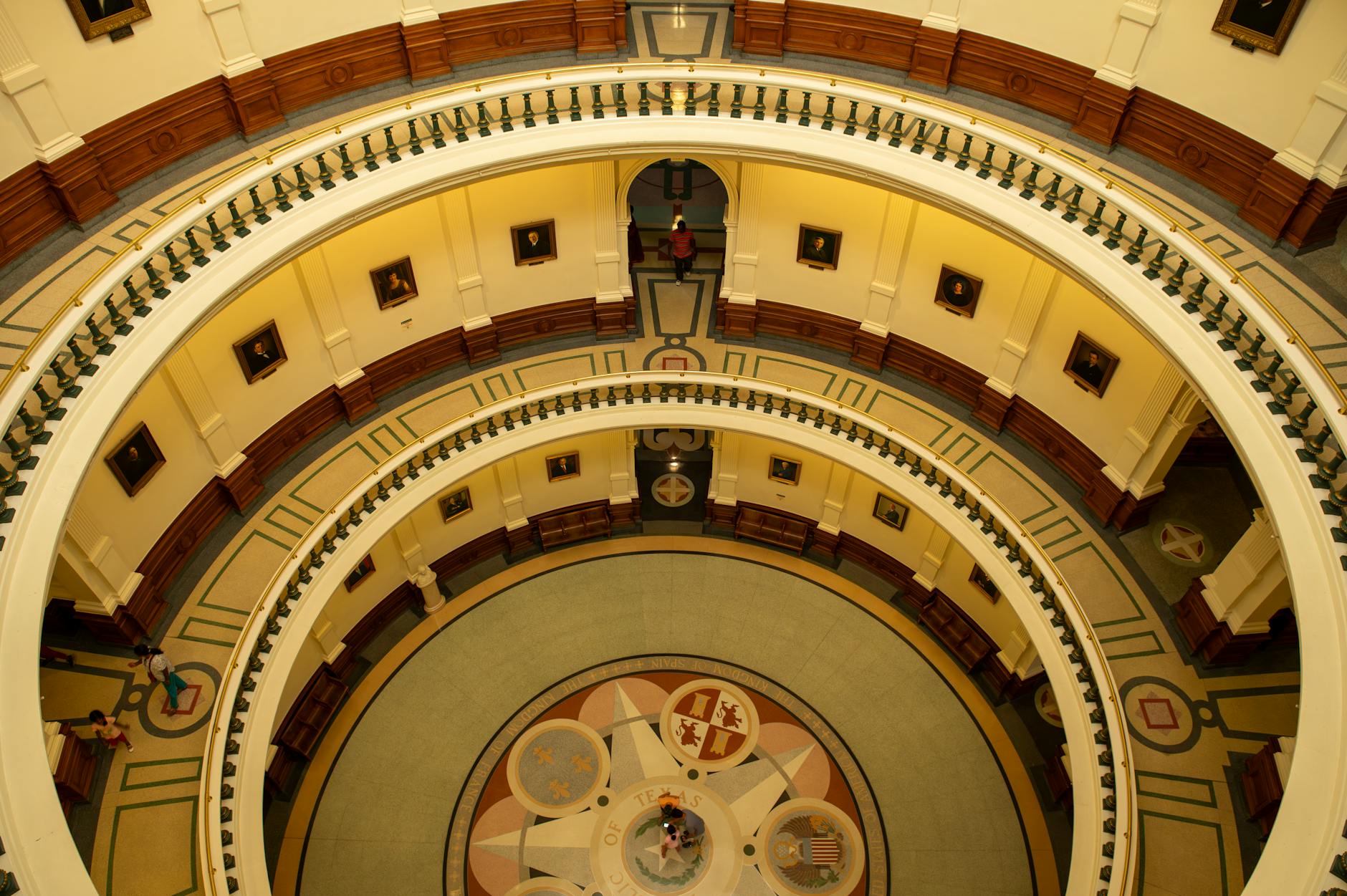 High angle view of the neoclassical ornate interior of the Texas State Capitol in Austin, Texas.