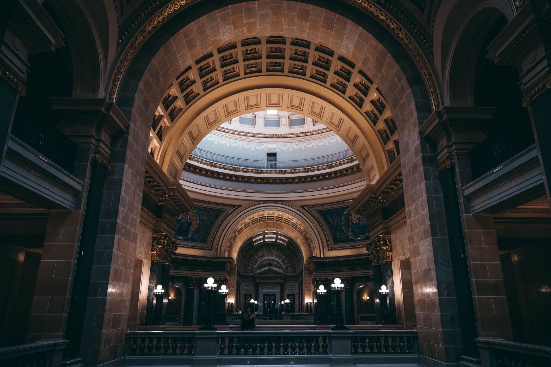 Congress Dfl satire image: Explore the stunning baroque architecture of Madison's iconic Wisconsin State Capitol dome interior.