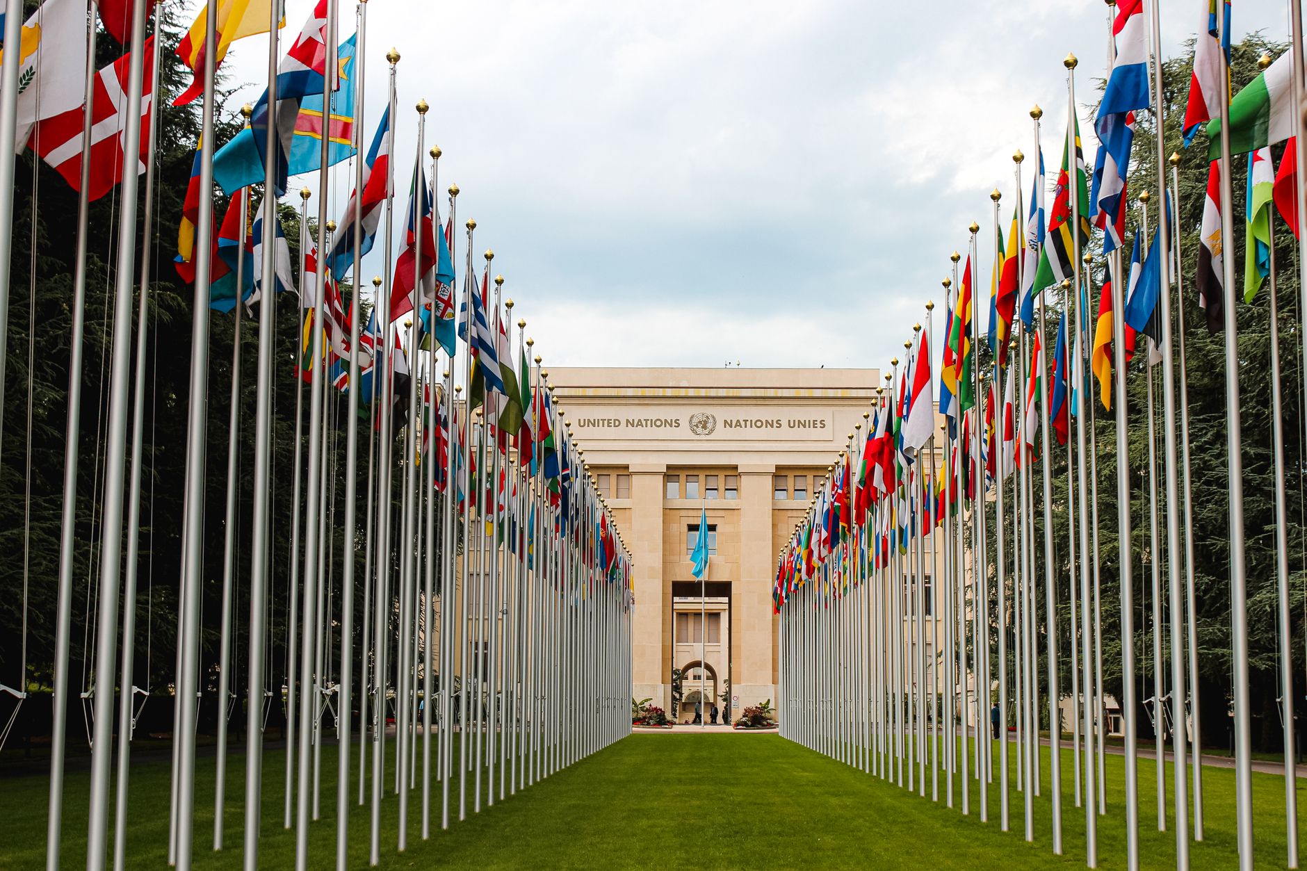satire-image-60 Trump Sends satire image: From below of various flags on flagpoles located in green park in front of entrance to the UN headquarters in