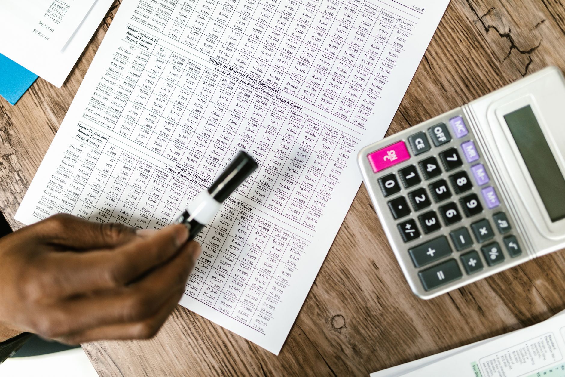 Congress Warnock satire image: Close-up of tax documents and calculator on wooden table, highlighting financial analysis.