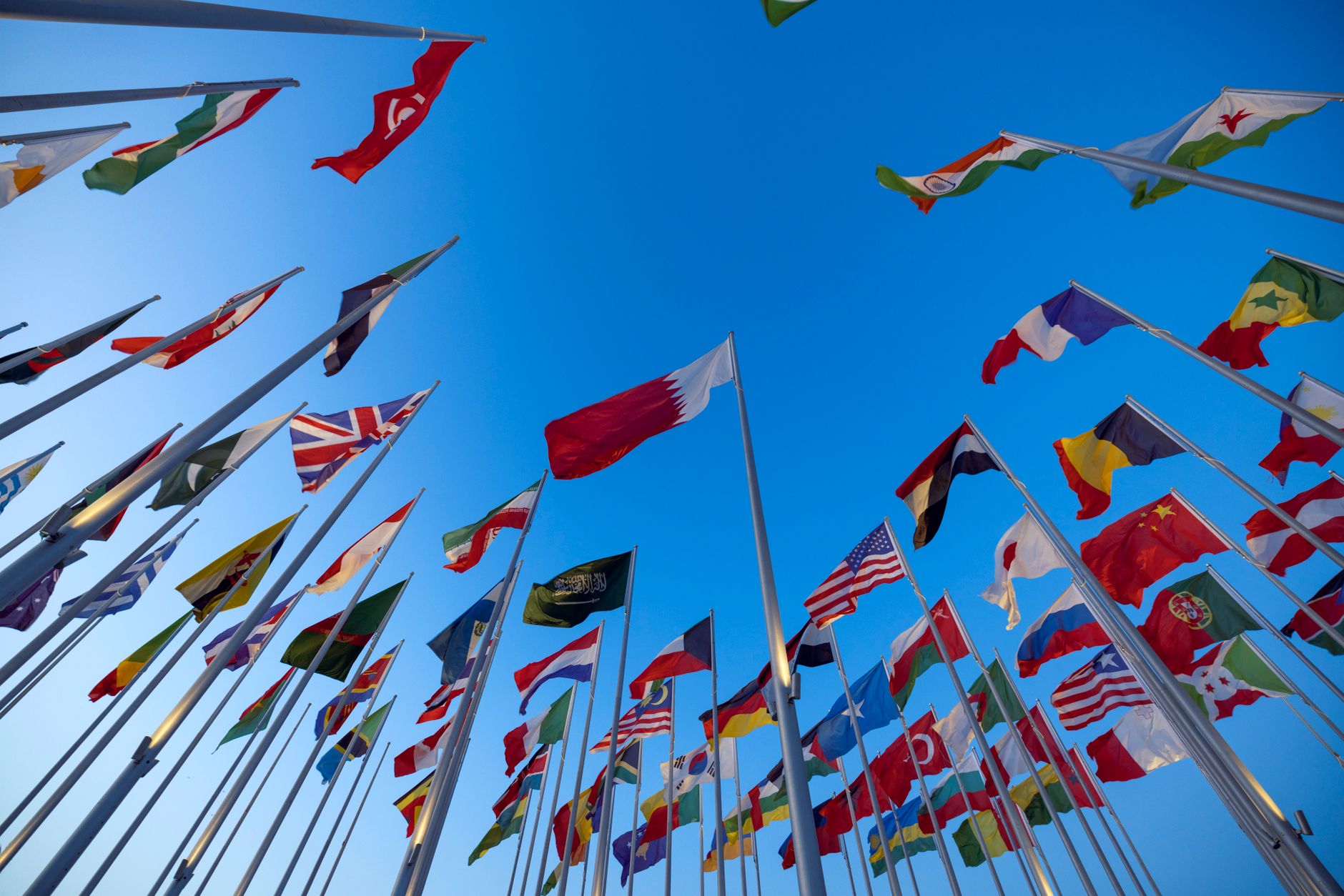 Trump Senate satire image: International flags waving against a clear blue sky in Doha, Qatar, symbolizing unity and diversity.