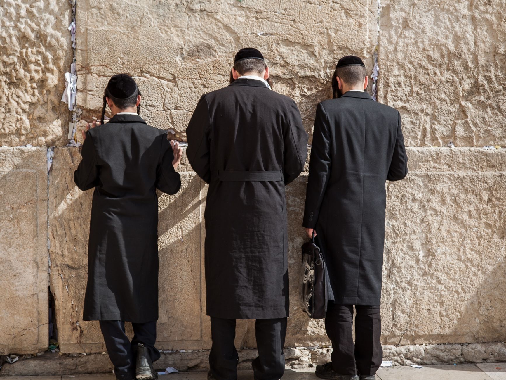 satire-image-82 Trump Israel satire image: Back view of unrecognizable orthodox Jewish men in traditional religious clothes praying against Western Wall in
